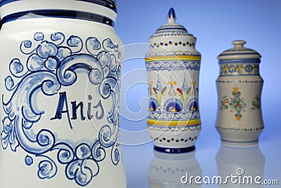 Antique pharmacy jars of artisanal ceramics, natural medicine Stock Photo