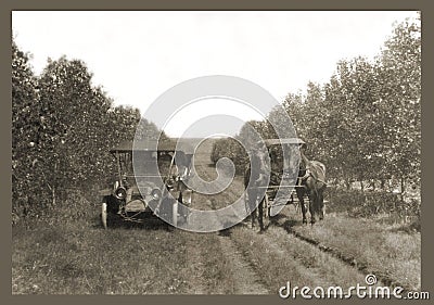 Antique photograph car and horses Stock Photo