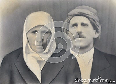Antique photograph old muslim married couple Stock Photo