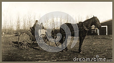 Antique photograph people horse and buggy Stock Photo