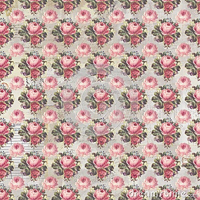 Antique pink and red shabby chic rose repeat pattern wallpaper Stock Photo