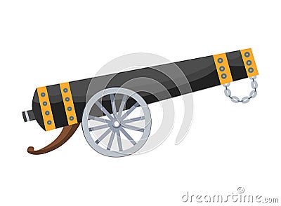 Antique pirate cannon. Vintage gun. Color image of medieval cannon for old ships on a white background. Cartoon style Vector Illustration