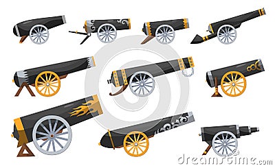 Antique pirate cannons. Set vintage gun. Color image of medieval cannon for old ships on a white background. Cartoon Vector Illustration