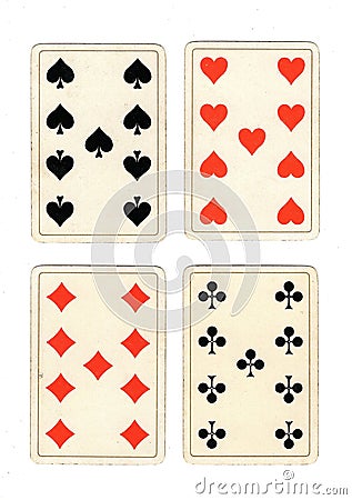 Antique playing cards showing four nines. Stock Photo