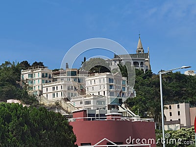 Antique Portuguese Architecture Colonial Macau Heritage Building Sai Van Mansion Colina da Penha Hill Church Coastline Luxury Life Stock Photo