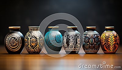 Antique pottery collection, ornate ceramics in a row, decorative urns generated by AI Stock Photo