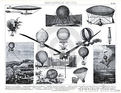 1874 Antique Print of Early Ballooning and Aeronautics Editorial Stock Photo