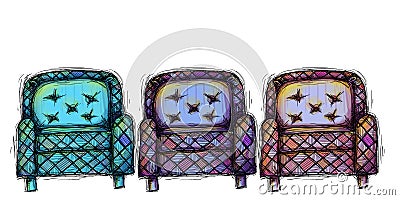 Set of three colored and Antique chairs Stock Photo