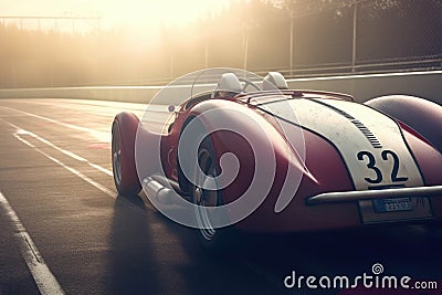 An antique racecar with a faded blackandwhite livery and a shining chrome grill. Speed drive concept. AI generation Stock Photo