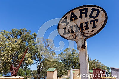 Antique Railway Sign at the historic port of Morgan on the Murray River in South Australia Stock Photo