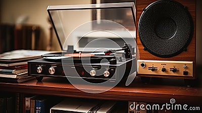 Antique Record Player on Wooden Table - Vintage Music Listening Equipment Stock Photo