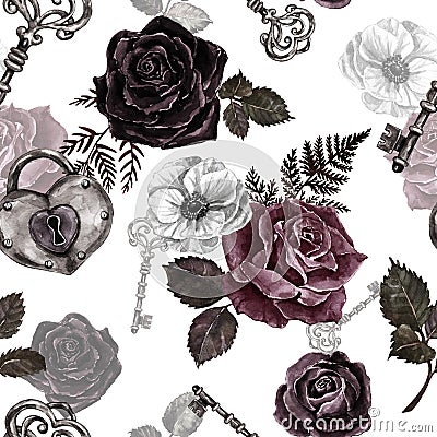 Antique retro gothic style seamless pattern with watercolor red, black and burgundy roses, vintage key and padlock on white Stock Photo