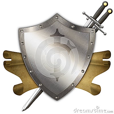 Antique riveted shield with cross,scroll and two swords. Stock Photo