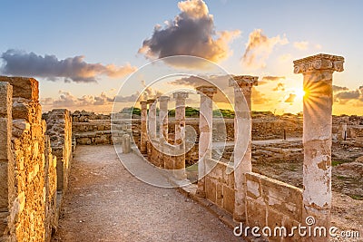 Antique roman columns in Kato Pafos Archaeological Park, Cyprus Stock Photo