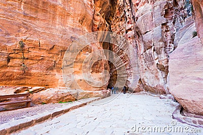 Antique roman paved road in Siq Stock Photo