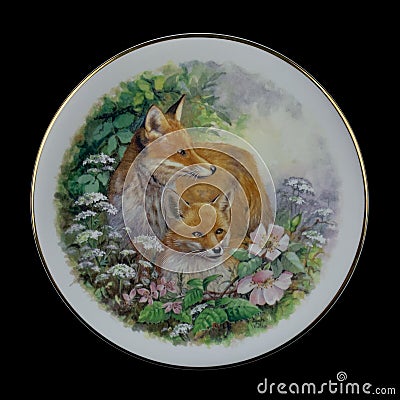 Antique round plate with the image of foxes. round picture for decoupage with animals. Editorial Stock Photo