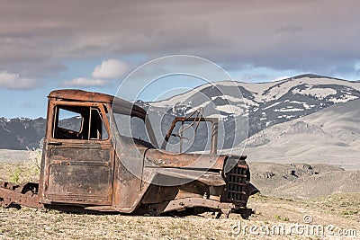 Antique rusted puckup truck and Idaho mountains Stock Photo