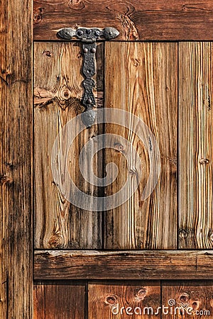 Antique Rustic Pine Wooden Door With Wrought Iron Hinge Stock Photo