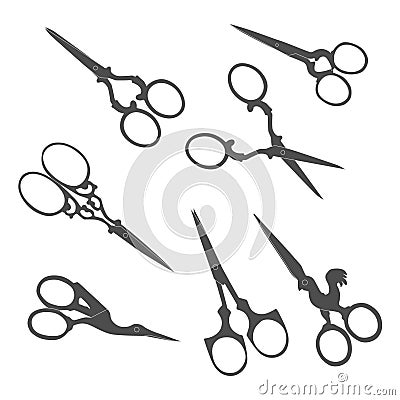 Antique scissors. Collection of vintage accessories. Vector Illustration