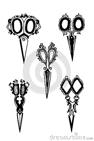 Antique scissors vector silhouettes. Collection of vintage accessories. Vector Illustration