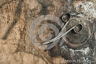 Antique scissors wooden background Vintage object Stock Photo