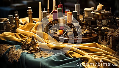 Antique sewing equipment on wooden table, crafting elegance indoors generated by AI Stock Photo