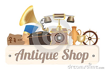 Antique shop wood board with antique object Vector Illustration