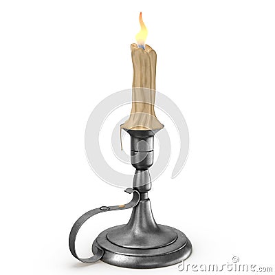 An antique silver candlestick with a burning candle. Stock Photo