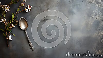 Antique silver spoon on a table made of stone, marble, top view minimalism. Copy space. Horizontal format for banners, posters, Stock Photo