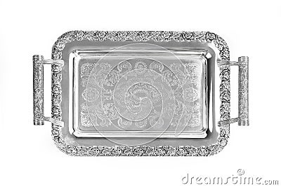 Antique silver tray with handles. Old luxury tray isolated on white background with clipping path. Closeup, top view Stock Photo