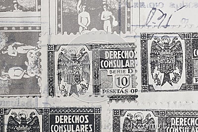 Antique spanish stamps with postmarks. Vintage historic philately. Postal Editorial Stock Photo