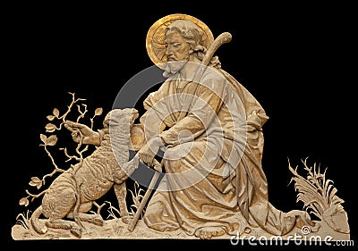 Antique statue of Jesus Christ Good Shepherd. Fragment of ancient sculpture. Horizontal image Stock Photo