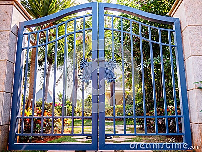 Antique steel blue double gate with padlock in front of a tropical garden Stock Photo