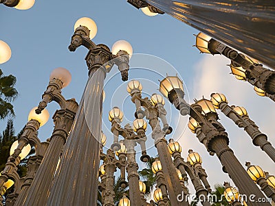 Antique Street Lamps Illuminate Los Angeles At Dusk Stock Photo