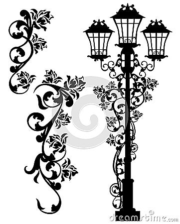 Antique street light among roses Vector Illustration