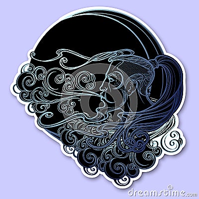 Antique style cartography Boreas wind icon. Male head resting on a curly ornate cloud and blowing wind . Decorative Vector Illustration