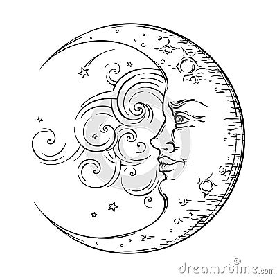 Antique style hand drawn art crescent moon. Boho chic tattoo design vector Vector Illustration