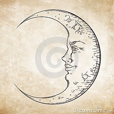 Antique style hand drawn art crescent moon. Boho chic tattoo design vector Vector Illustration
