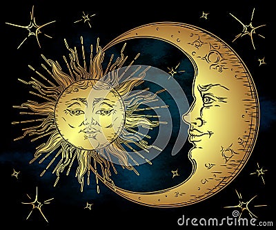 Antique style hand drawn art golden sun, crescent moon and stars over blue black sky. Boho chic design vector Vector Illustration