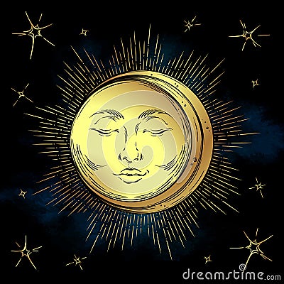 Antique style hand drawn art golden sun Vector Illustration