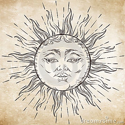 Antique style hand drawn art sun. Boho chic tattoo design vector Vector Illustration