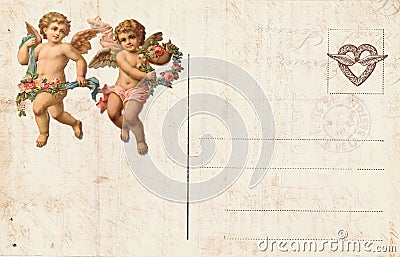 Antique style valentine`s postcard featuring cupid and heart Stock Photo