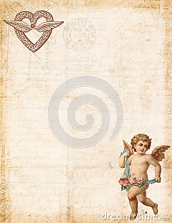 Antique style valentine`s stationary featuring cupid and heart Stock Photo