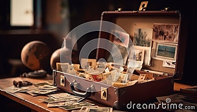 Antique suitcase on wooden table, leather luggage collection generated by AI Stock Photo