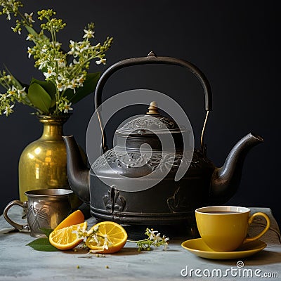Vintage Teatime: Antique Tea Kettle and Bergamots on Wooden Table Stock Photo