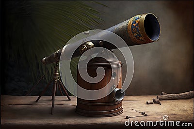 Antique telescope on a wooden table. 3d render illustration. Cartoon Illustration