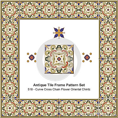 Antique tile frame pattern set Curve Cross Chain Flower Oriental Vector Illustration