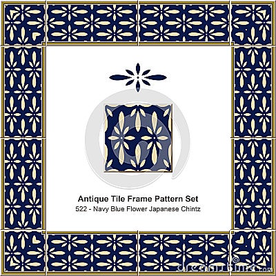 Antique tile frame pattern set Navy Blue Flower Japanese Chintz Vector Illustration
