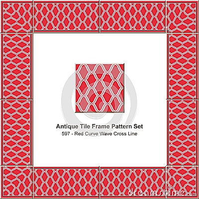 Antique tile frame pattern set red curve wave cross line Vector Illustration