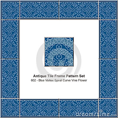 Antique tile frame pattern set blue vortex spiral curve vine flower Vector Illustration